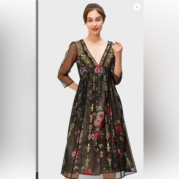 Wayward Fancies Graphic Embroidery Tulle Overlay Floral Print Crepe Empire Dress - Picture 1 of 10